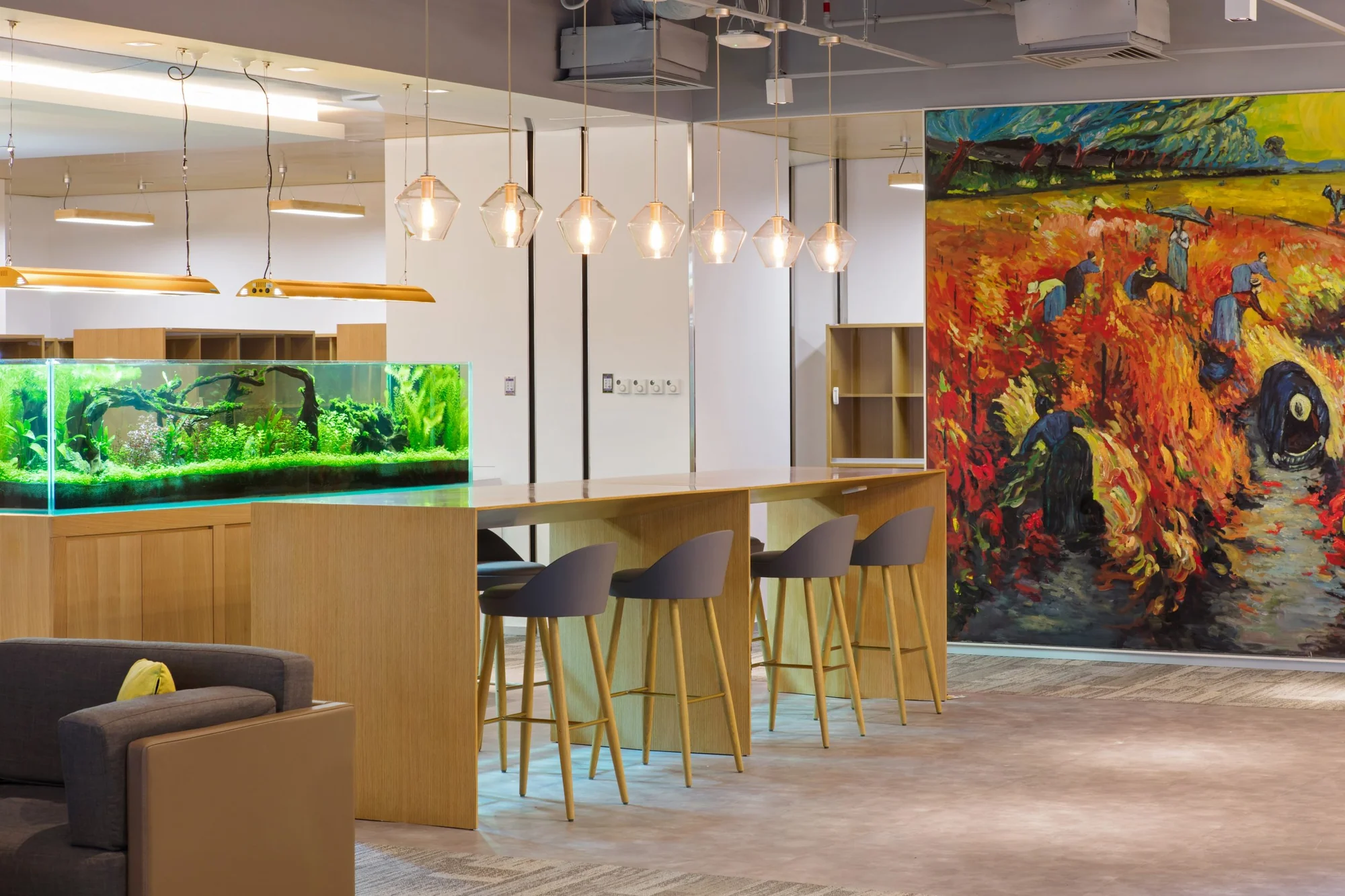 Hospitality-inspired workplace lounge and art