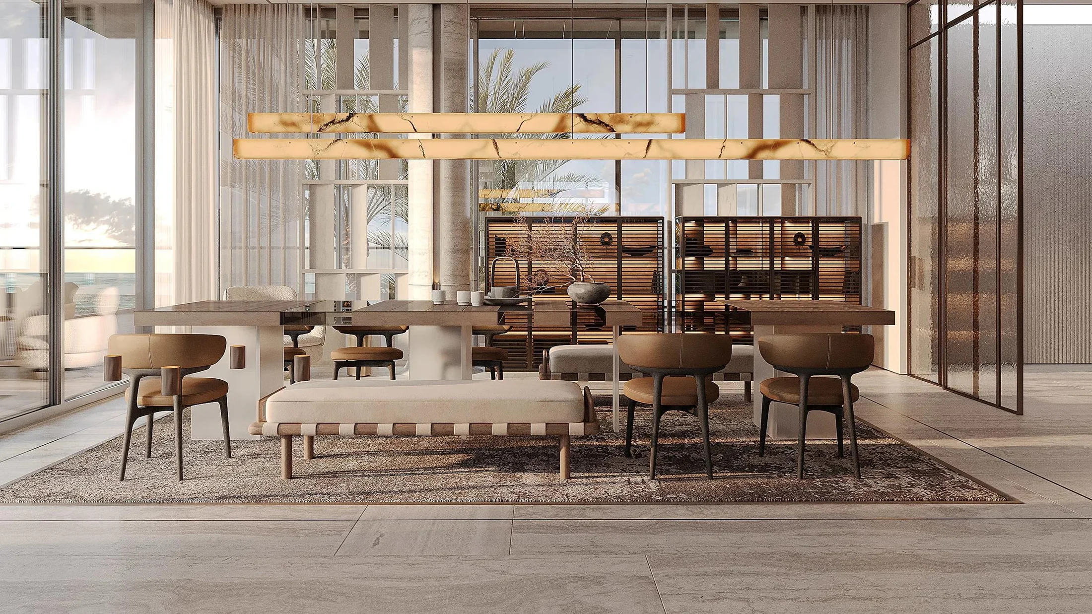 Material-rich contemporary villa interior with filtered tropical light